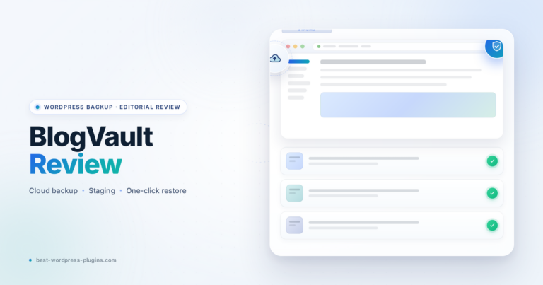 BlogVault Review 2026 featured banner with WordPress backup, staging, and one-click restore visual.