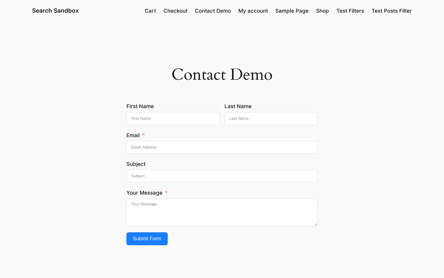 A Fluent Forms-rendered Contact Form Demo on a Twenty Twenty-Four page captured from the sandbox install, showing the sandbox site header navigation, a "Contact Demo" page H1, the contact form with First Name and Last Name as a two-column row, Email field (required), Subject field, Your Message textarea (required), and a blue Submit Form button.