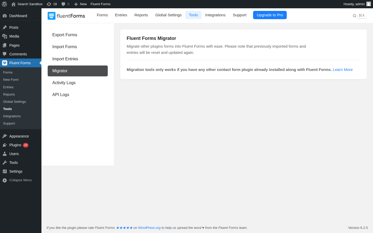 Fluent Forms Tools > Migrator panel captured from the sandbox install, showing the left sub-menu (Export Forms, Import Forms, Import Entries, Migrator highlighted, Activity Logs, API Logs) and the right-hand "Fluent Forms Migrator" panel with the warning that migration tools only work if another contact form plugin is installed alongside Fluent Forms plus a Learn More link.” class=”wp-image-215″/></figure>



<p class=