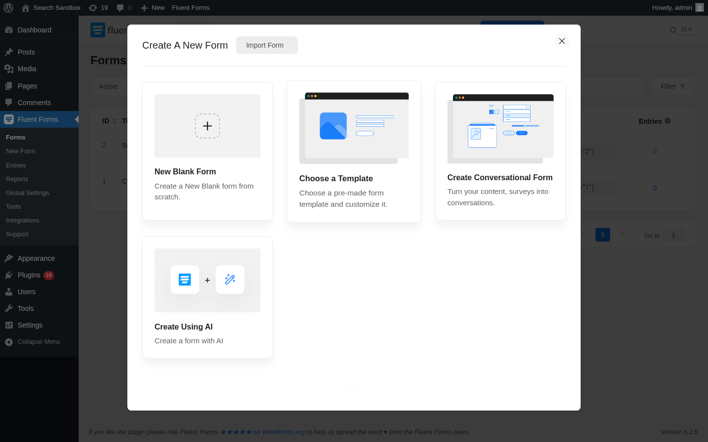 Fluent Forms "Create A New Form" modal captured from the sandbox install, showing four creation paths: New Blank Form, Choose a Template, Create Conversational Form, and Create Using AI, plus an Import Form button at the top.