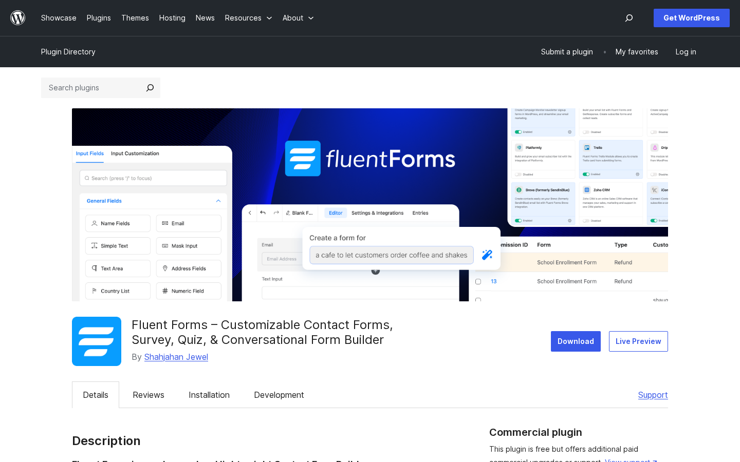 Fluent Forms plugin listing on WordPress.org showing the official banner (AI-form-builder demo), the icon, the "Fluent Forms - Customizable Contact Forms, Survey, Quiz, & Conversational Form Builder" plugin title, the By Shahjahan Jewel author line, a blue Download button, a Live Preview button, and the Details / Reviews / Installation / Development tab strip.