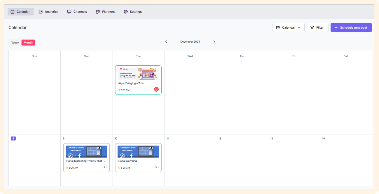 FS Poster Calendar in monthly view showing scheduled shares as small post cards on the days they will go out, with a Schedule new post button and a network filter at the top