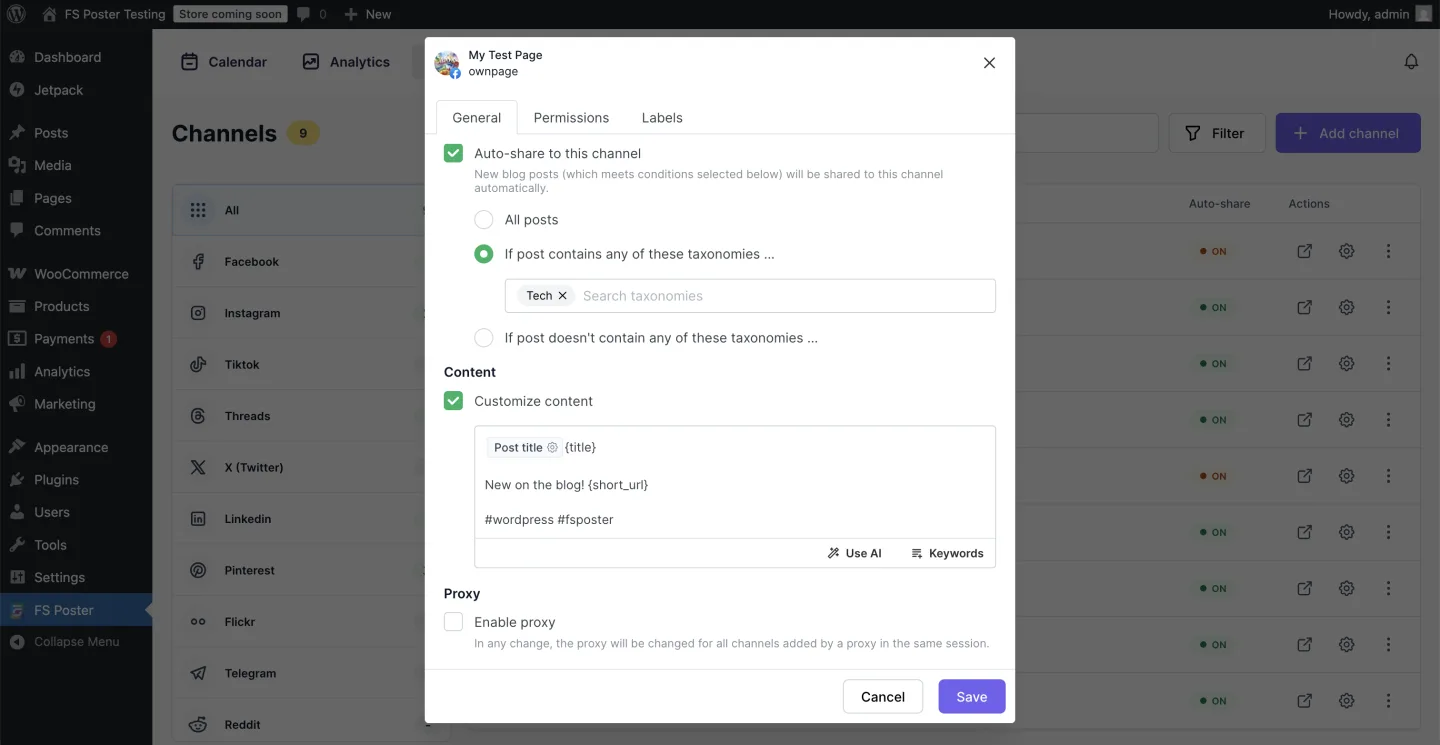 FS Poster per-channel settings panel showing the Auto-share toggle, a taxonomy filter set to Tech, a customizable content field with the title and short URL variables, and a proxy option