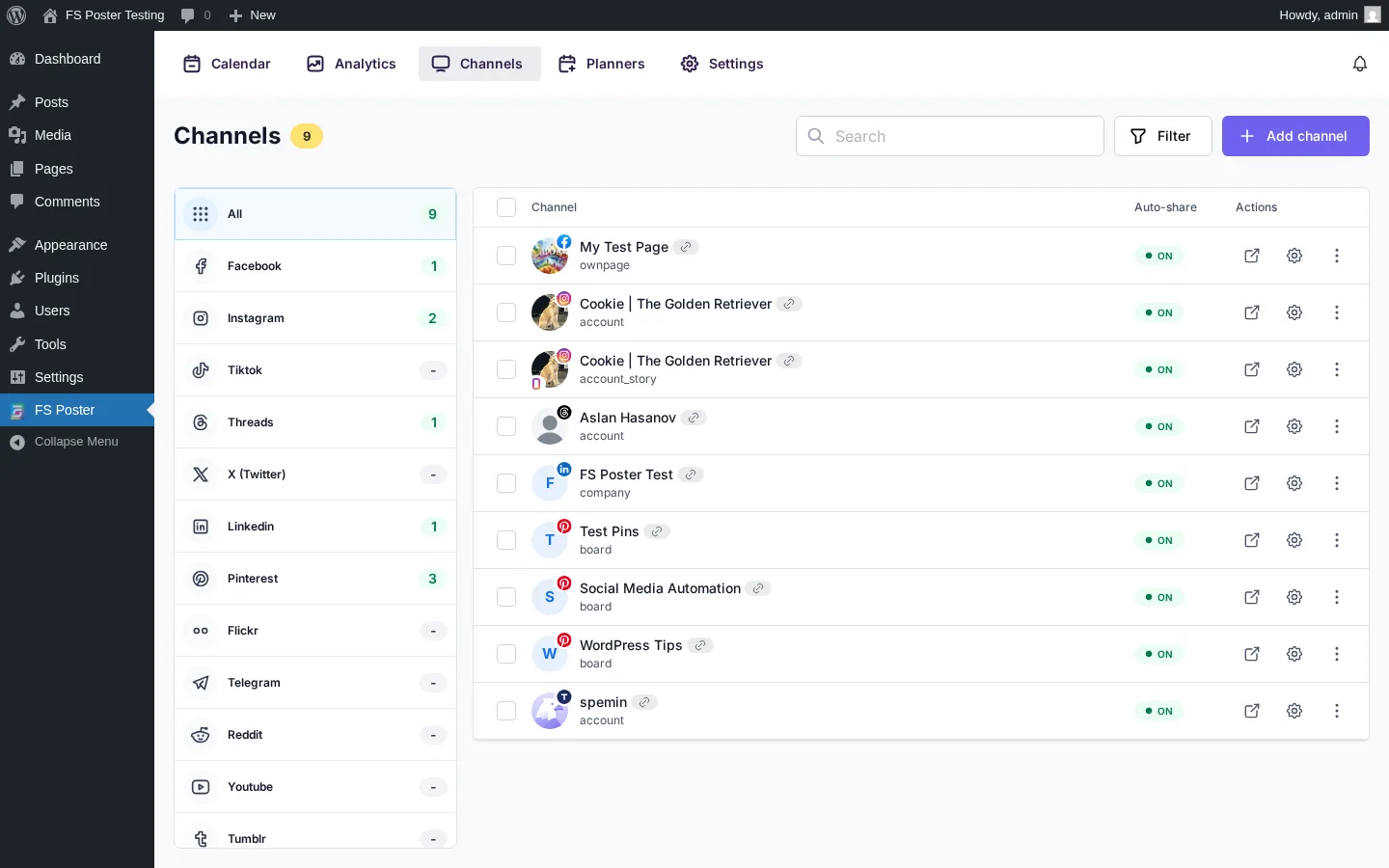 FS Poster Channels screen inside wp-admin listing connected Facebook, Instagram, Pinterest, Threads, LinkedIn, X, Tumblr, and other channels with auto-share toggles and a left-side network filter