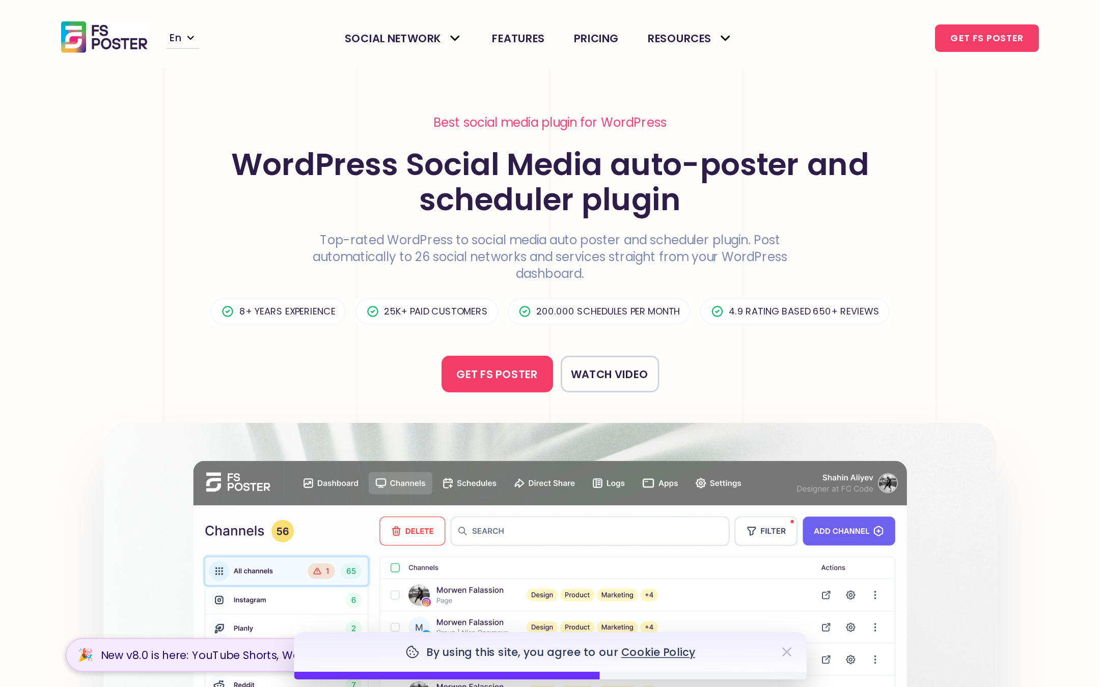 FS Poster homepage showing the v8 banner and the in-WordPress dashboard preview with Channels, Schedules, Direct Share, Logs, Apps, and Settings tabs