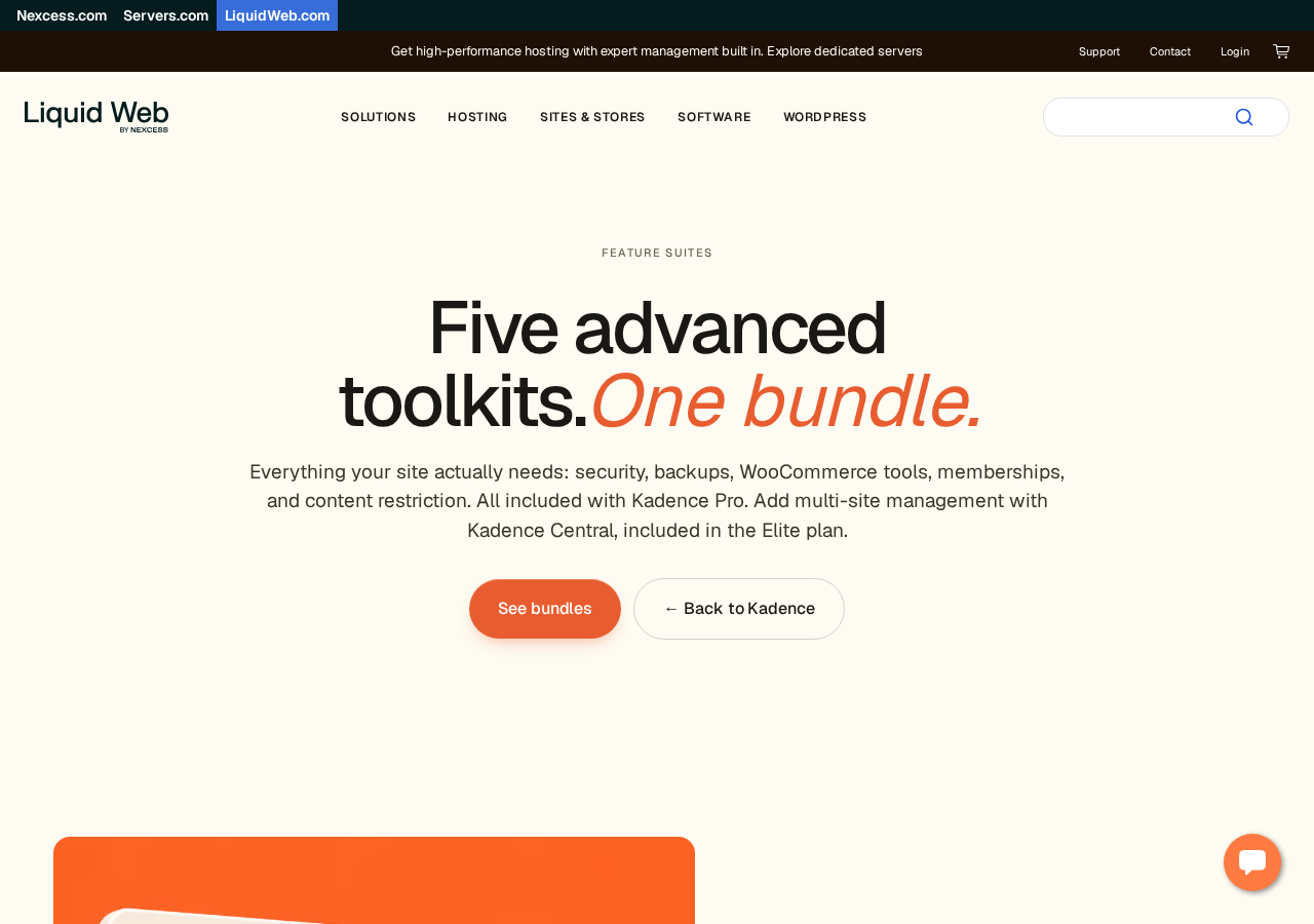 Liquid Web Kadence add-ons page showing the headline 