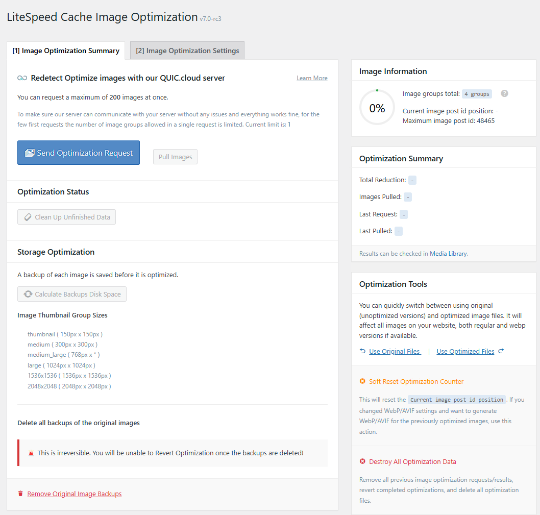 LiteSpeed Cache Image Optimization panel showing Image Optimization Summary tab with circular progress indicator, Send Optimization Request button, Optimization Status section, Storage Optimization section, Image Thumbnail Group Sizes list, and Optimization Tools sidebar with Use Original and Use Optimized Files options.