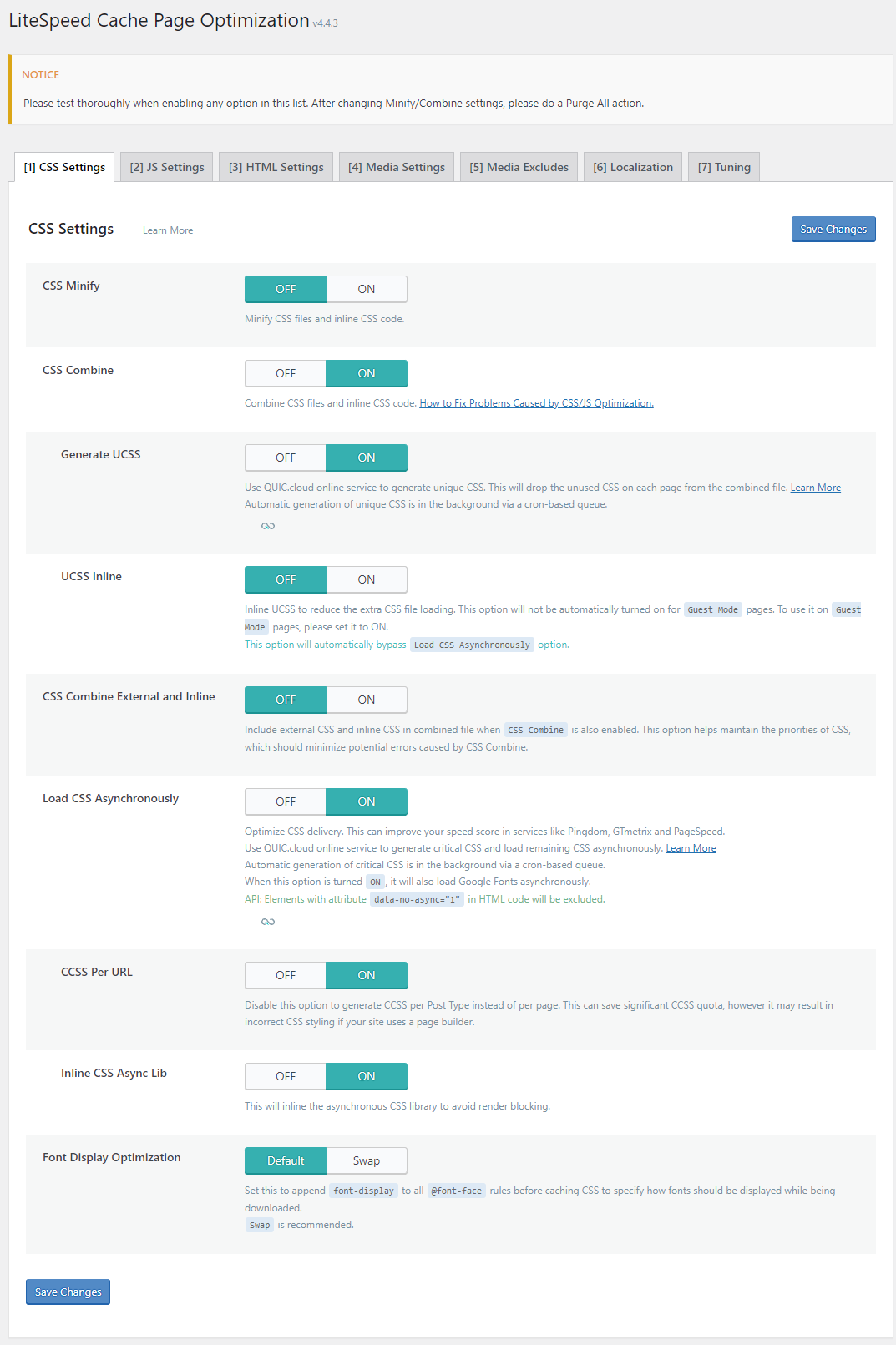 LiteSpeed Cache Page Optimization CSS Settings tab showing CSS Minify OFF, CSS Combine ON, Generate UCSS ON via QUIC.cloud, Load CSS Asynchronously ON, CCSS Per URL ON, Inline CSS Async Lib ON, and Font Display Optimization set to Default.