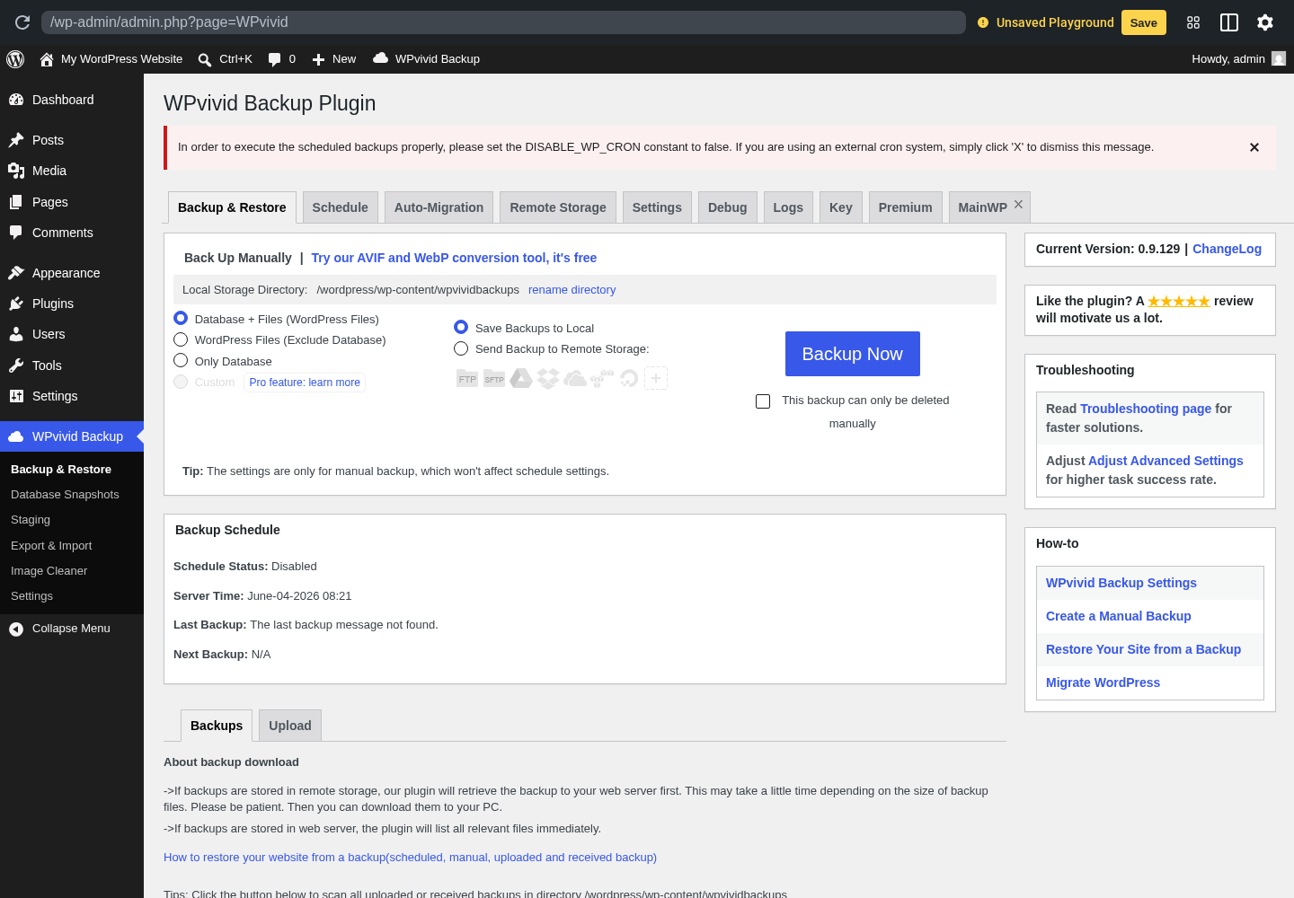 WPvivid Auto-Migration tab in a clean WordPress sandbox