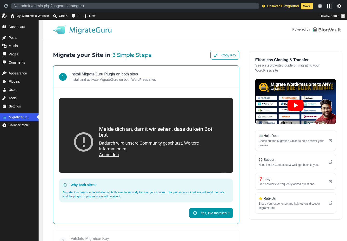 Migrate Guru migration form in a clean WordPress sandbox