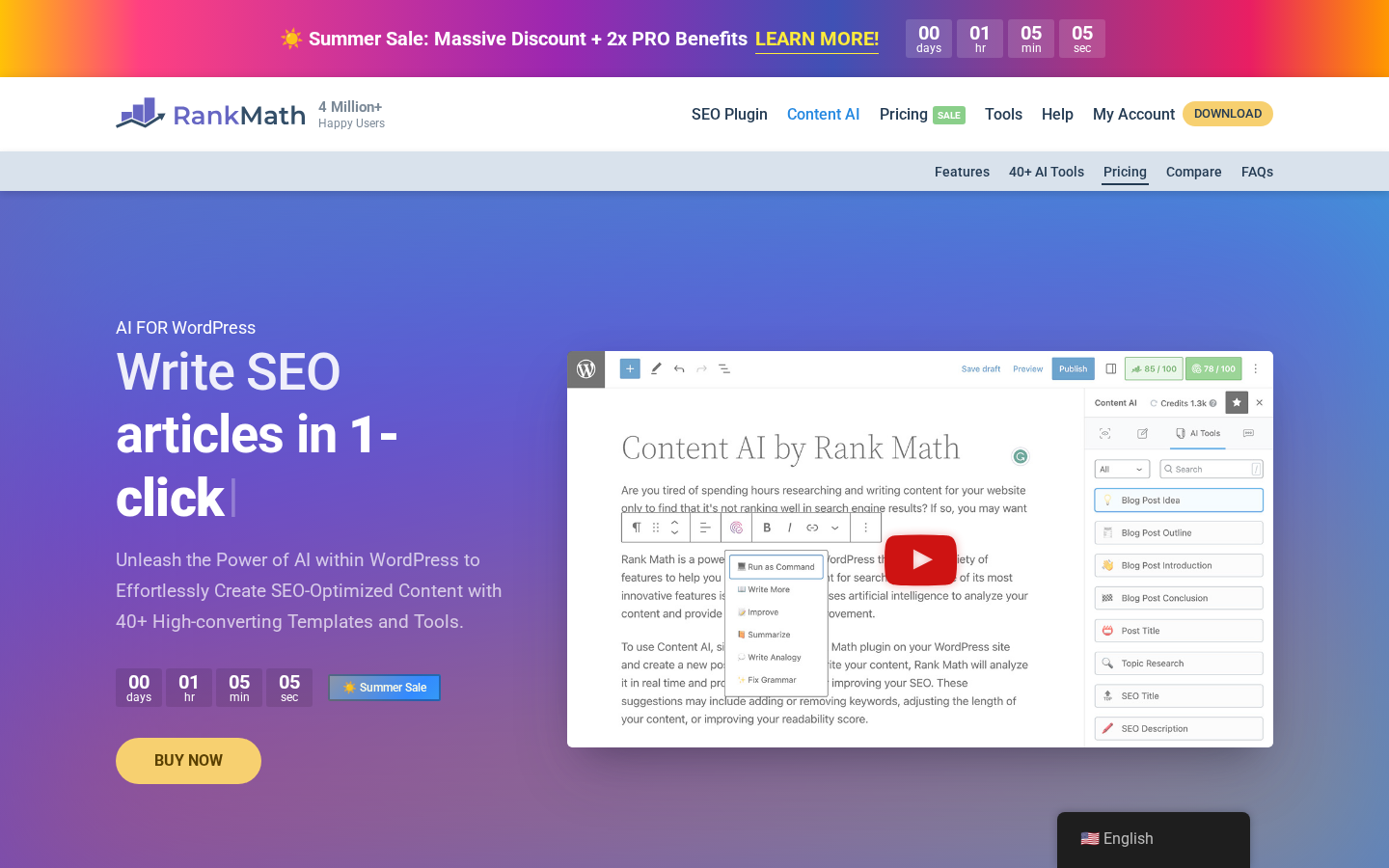 Rank Math Content AI feature page showing the Write SEO articles in 1-click headline on the left, the Unleash the Power of AI within WordPress to Effortlessly Create SEO-Optimized Content with 40+ High-quality Templates and Tools subheading, a yellow Buy Now call to action, and a preview screenshot of the Content AI panel inside the WordPress post editor with prompt templates on the right.