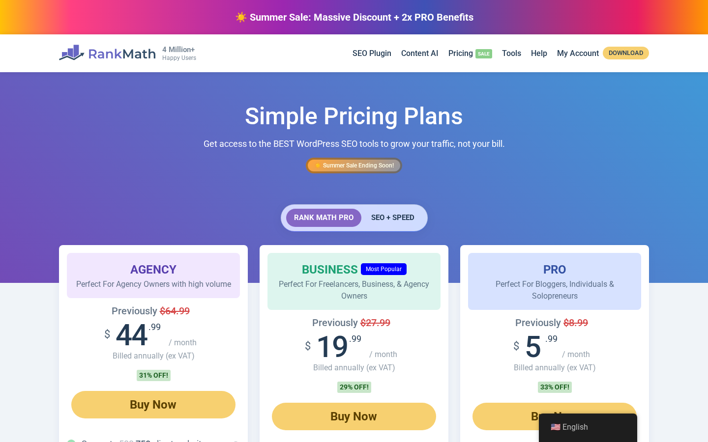 Rank Math pricing page showing the Simple Pricing Plans heading, the Get access to the BEST WordPress SEO tools to grow your traffic, not your bill subheading, three plan cards (Agency, Business with MOST POPULAR badge, PRO) with previous monthly prices struck through and Summer Sale prices below (Agency previously $64.99 sale $44.99 per month, Business previously $27.99 sale $19.99 per month, PRO previously $8.99 sale $5.99 per month), each card with a yellow Buy Now button and a 31% OFF / 29% OFF / 33% OFF badge, plus tab toggles for RANK MATH PRO and SEO + SPEED above the cards.