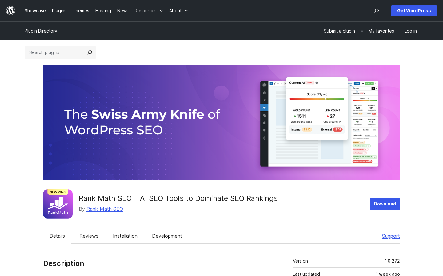 Rank Math SEO plugin listing on WordPress.org showing the The Swiss Army Knife of WordPress SEO hero banner, the Rank Math SEO – AI SEO Tools to Dominate SEO Rankings plugin title with the NEW 2026 badge on the icon, the By Rank Math SEO author line, a blue Download button, the Details / Reviews / Installation / Development tabs, and the Description heading with the plugin Version 1.0.272 and Last updated 1 week ago metadata in the right column.