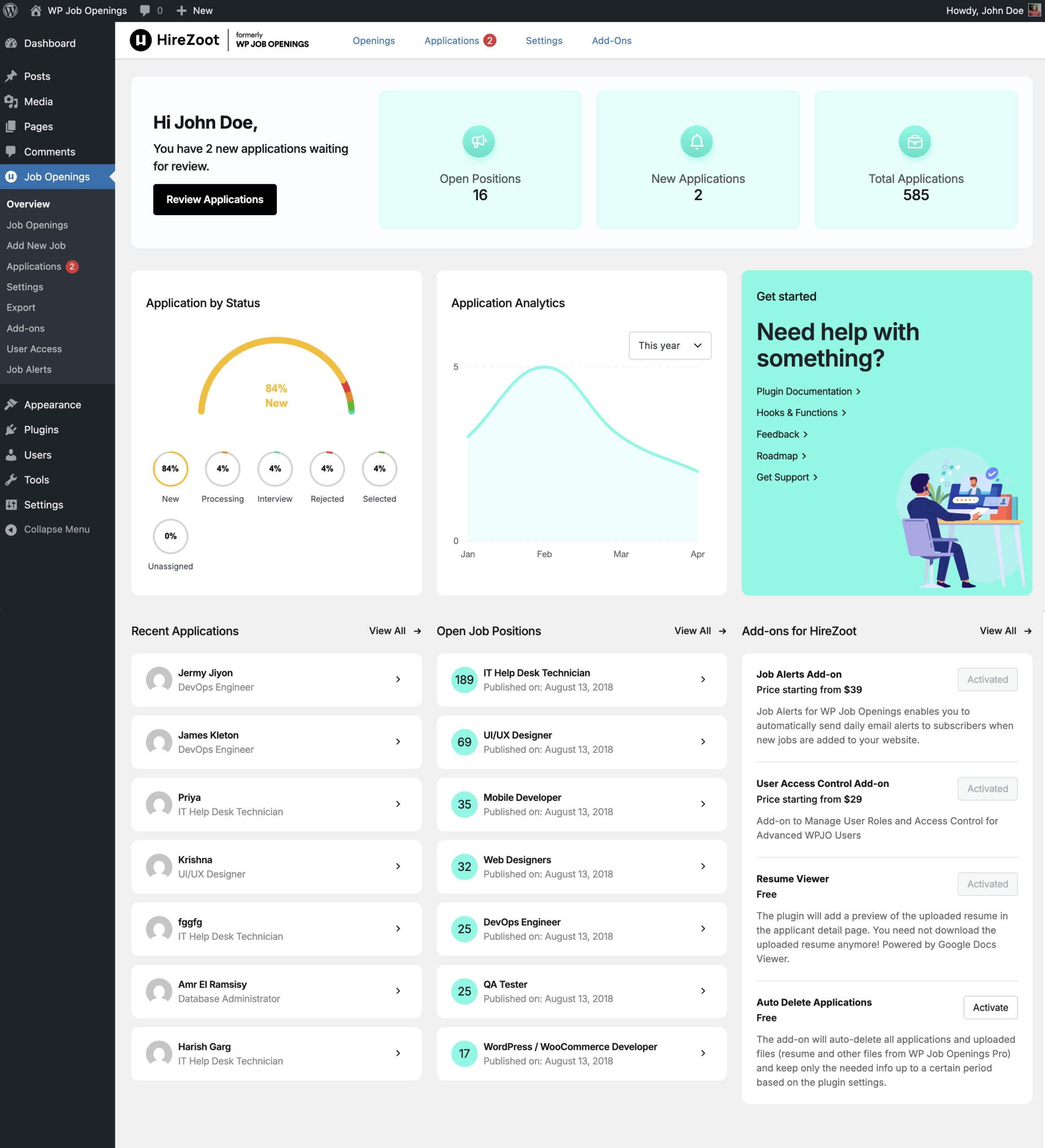 WP Job Openings Applications screen with status filter
