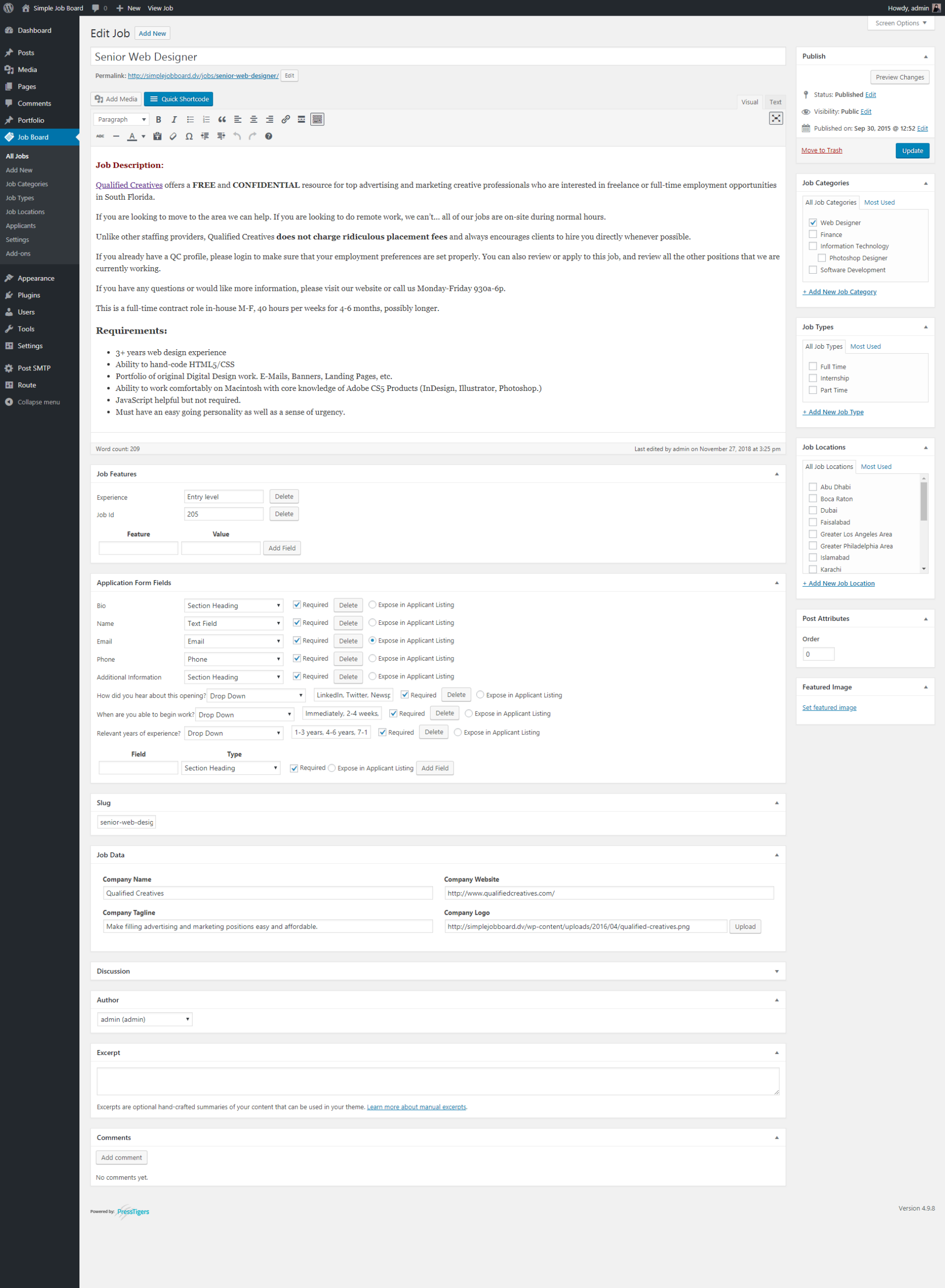 Simple Job Board drag-and-drop application form builder