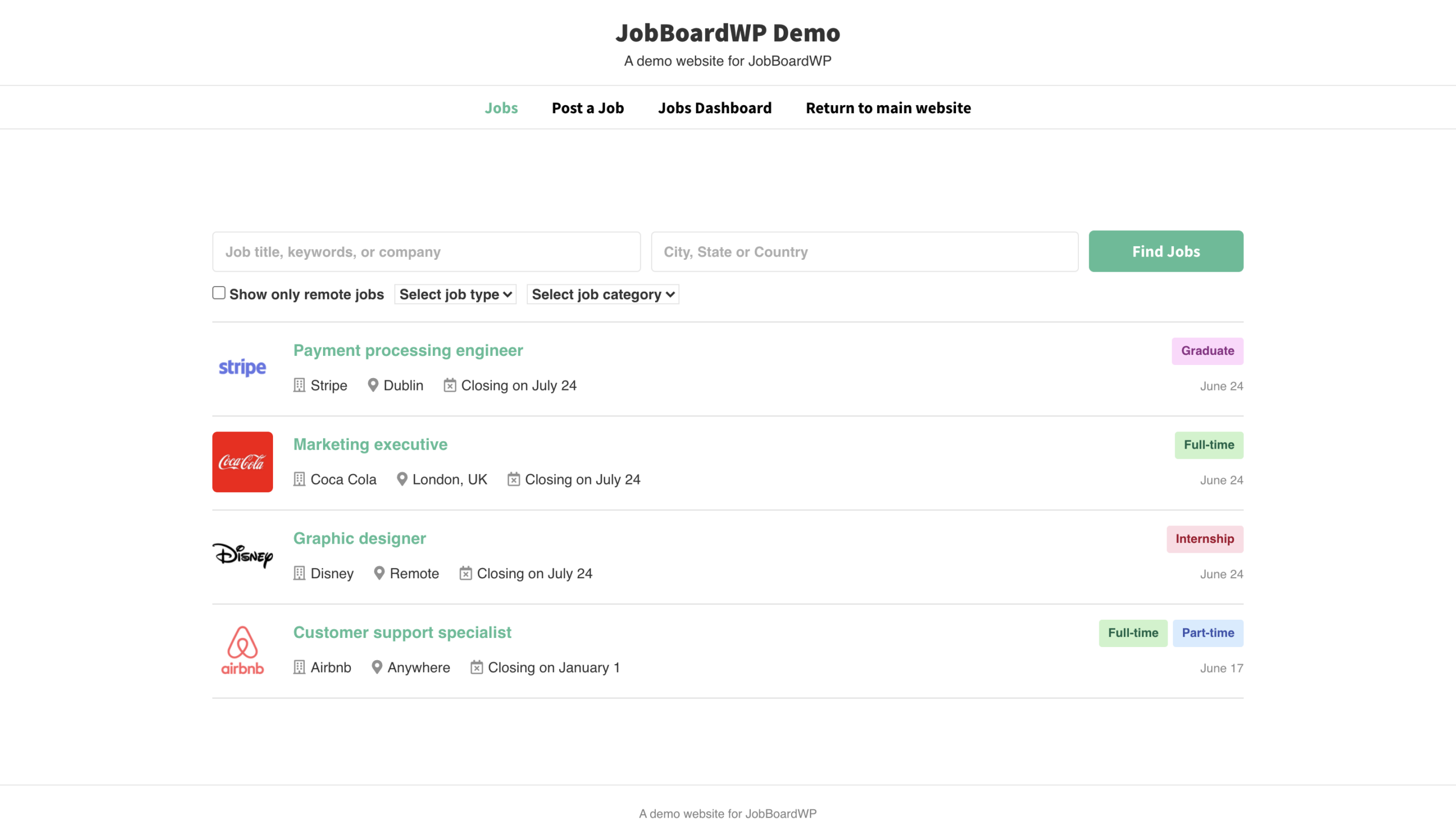JobBoardWP settings screen with page selectors in a clean WordPress sandbox