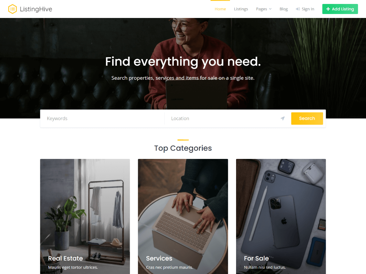 HivePress Listings admin screen in a clean WordPress sandbox