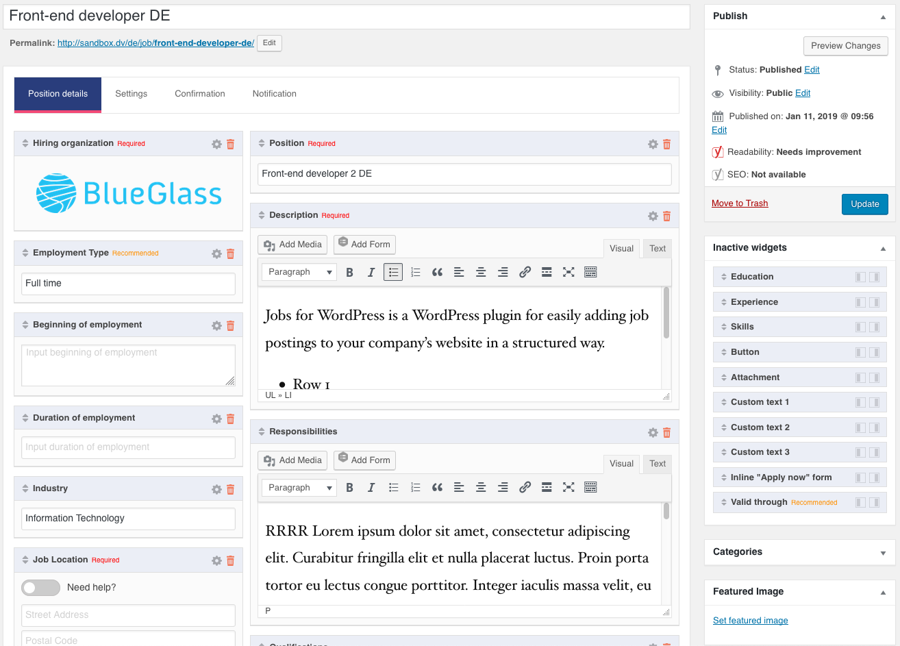 Job Postings admin screen with structured data fields visible