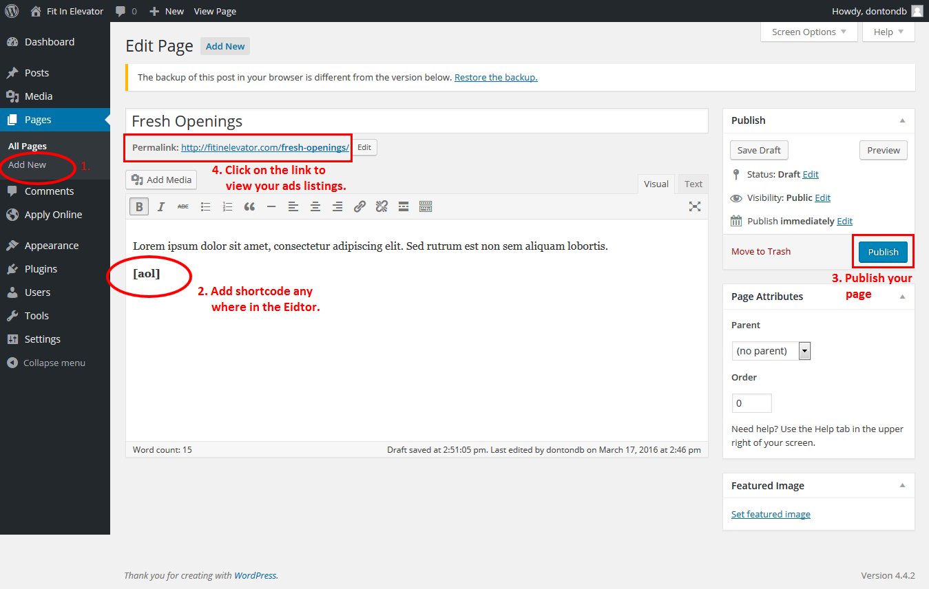 ApplyOnline applications list with status column in a clean WordPress sandbox