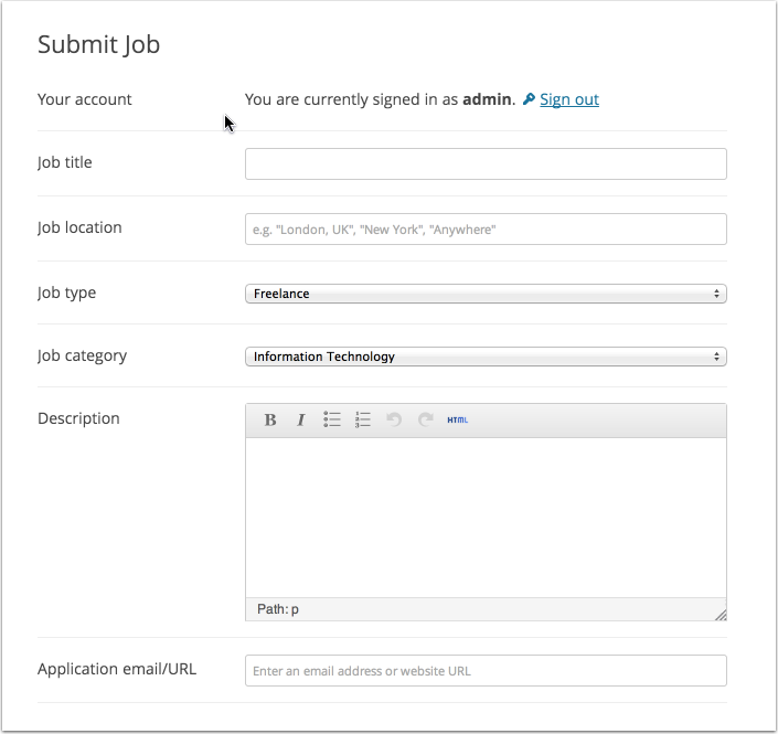 WP Job Manager listings admin screen in a clean WordPress sandbox