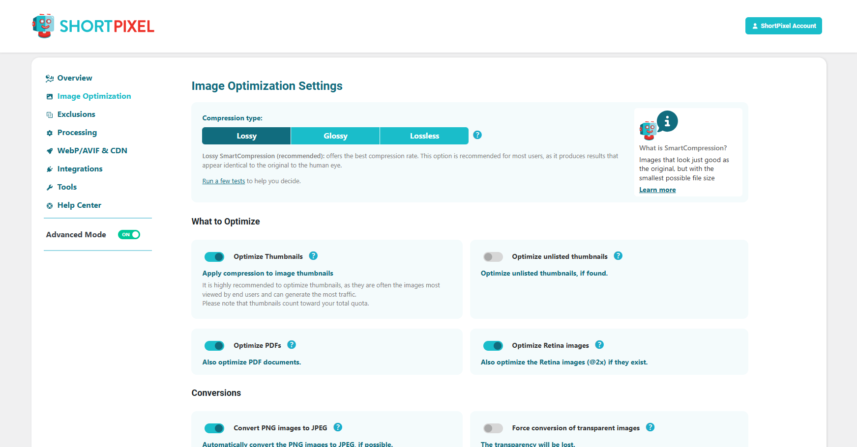 ShortPixel Image Optimization settings screen showing compression type, backup, resize, and next generation format options