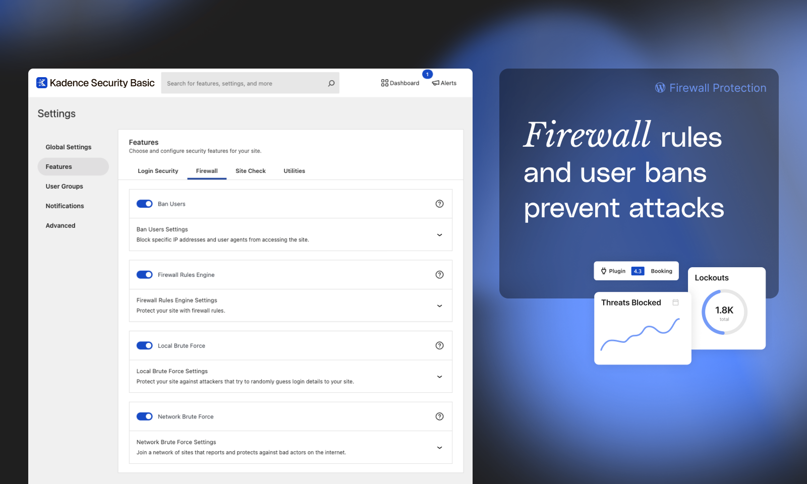 Solid Security Settings Firewall tab showing toggles for Ban Users Settings, Firewall Rule Engine Settings, Local Brute Force Settings, and Network Brute Force Settings, all enabled