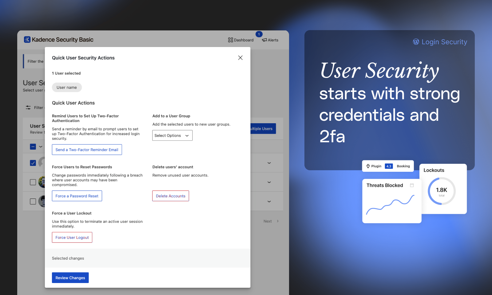 Solid Security Quick User Actions panel showing five bulk actions: Add to User Group, Send 2FA setup reminder, Force Password Reset, Force User to Log Out, and Force User Lockout