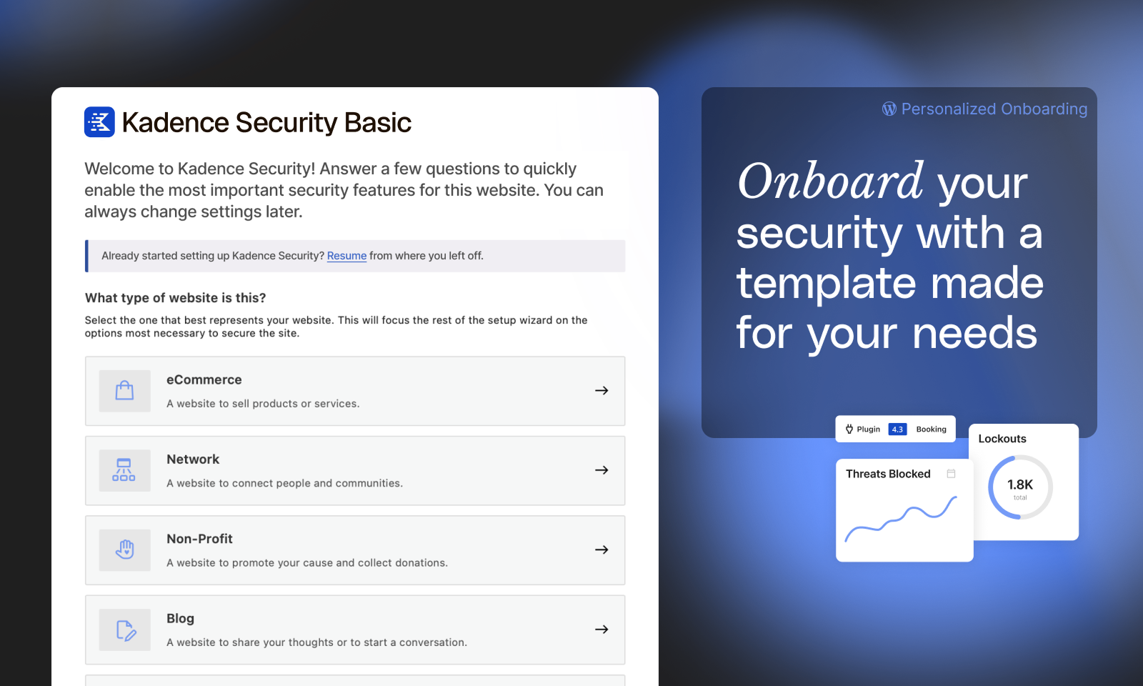 Solid Security onboarding wizard showing the site type selection step with six options: eCommerce, Network, Non-Profit, Blog, Portfolio, and Brochure