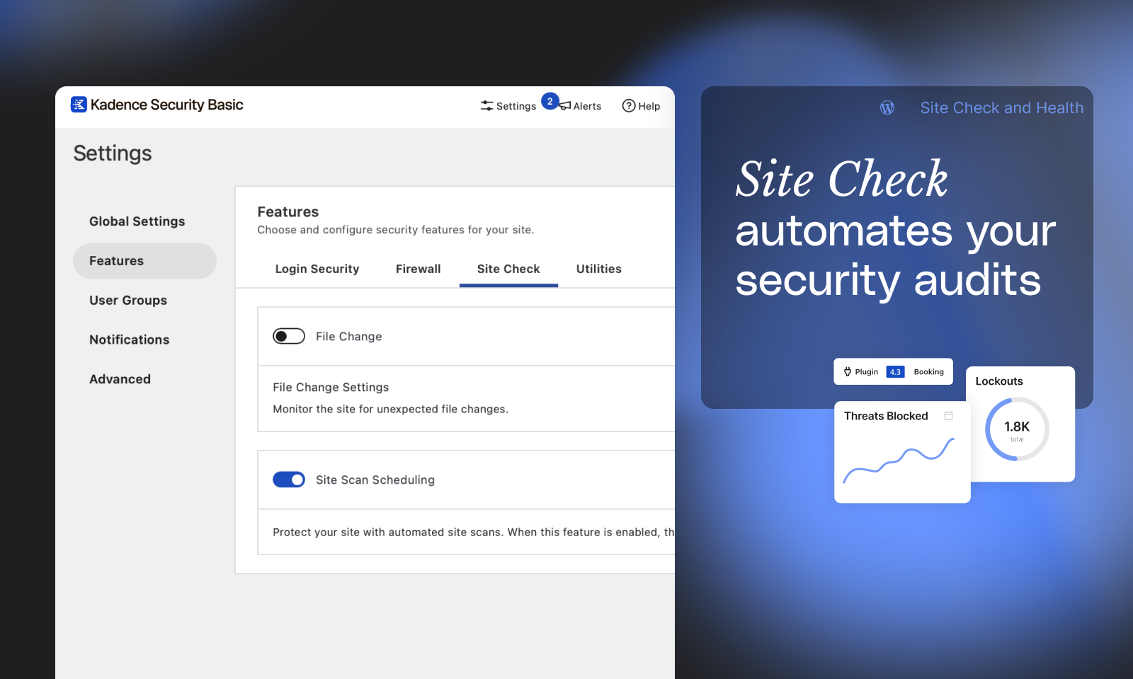 Solid Security Site Check settings panel showing File Change Detection enabled and Site Scan Scheduling enabled, with tabs for Login Security, Firewall, Site Check, and Utilities