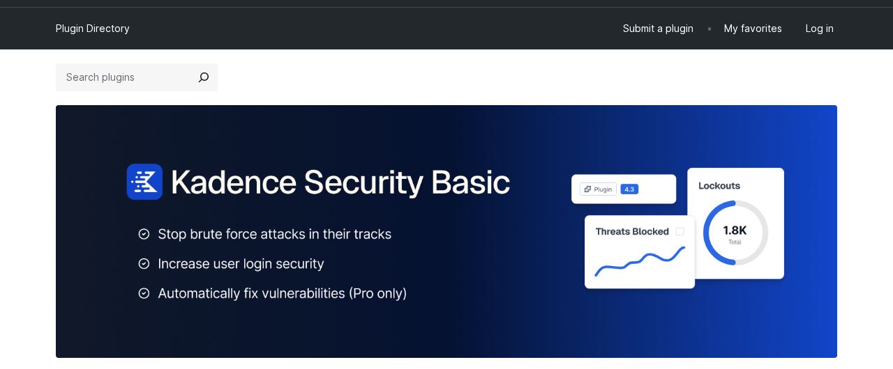 WordPress.org plugin listing for the plugin formerly known as Solid Security, now showing the Kadence Security Basic banner with 1.8K threats blocked and the tagline about stopping brute force attacks and increasing login security