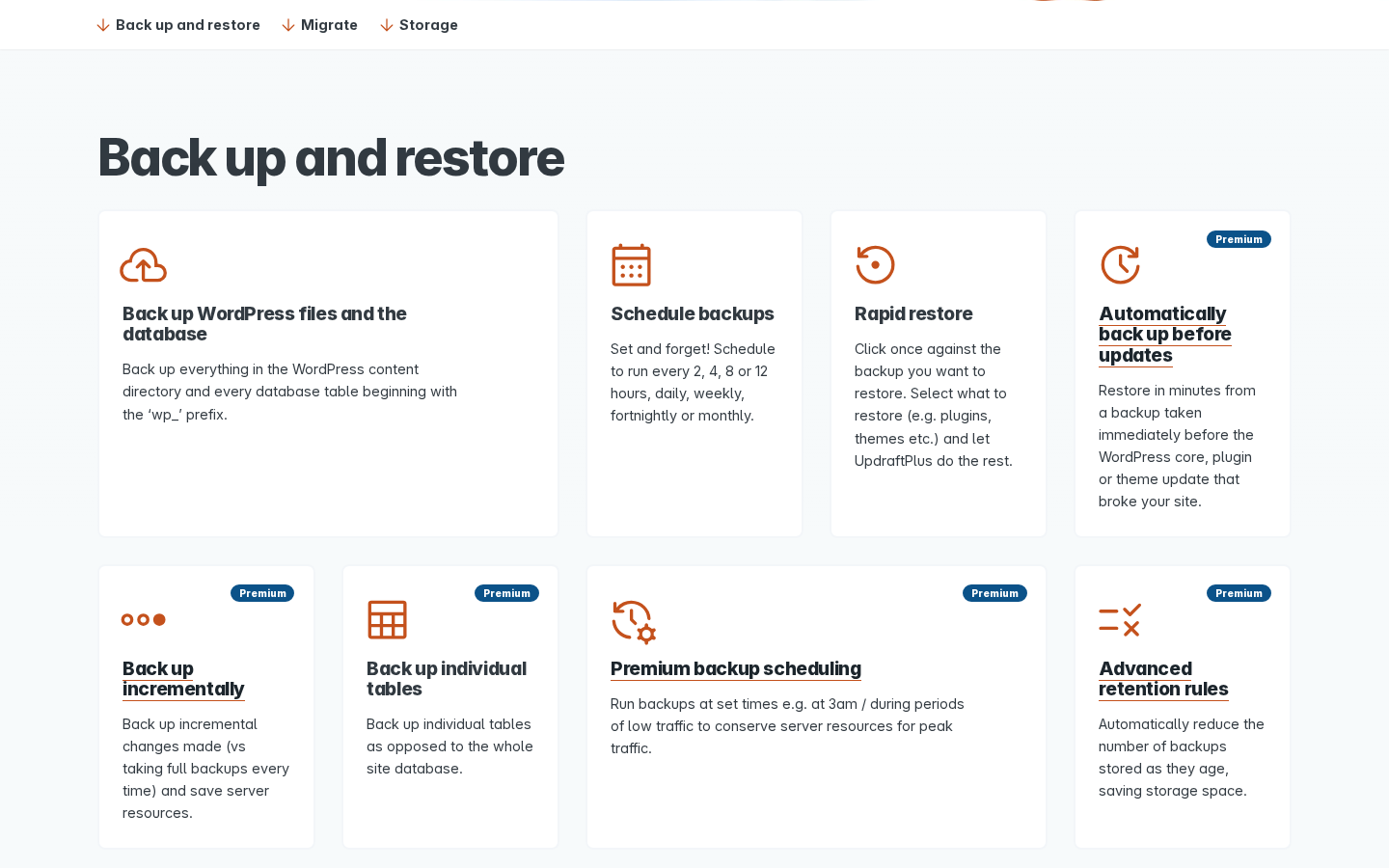 UpdraftPlus features page on teamupdraft.com showing the “Back up and restore” feature cards: “Back up WordPress files and the database” (free), “Schedule backups” (free), “Rapid restore” (free), and “Automatically back up before updates” (premium), plus a second row with “Back up incrementally” (premium), “Back up individual tables” (premium), “Premium backup scheduling” (premium), and “Advanced retention rules” (premium).