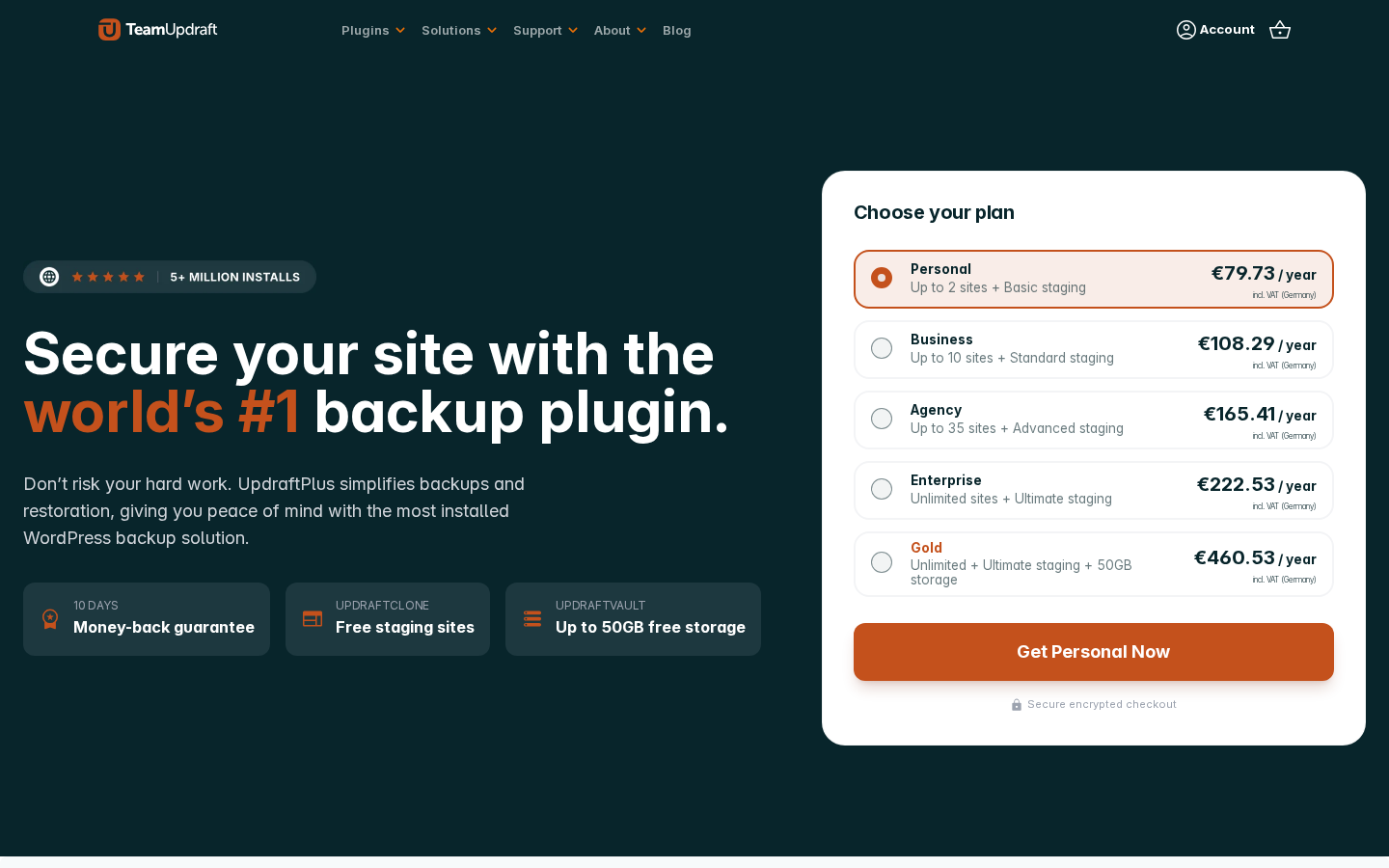 UpdraftPlus pricing page on teamupdraft.com showing the plan cards: Personal at $83.30/year for up to 2 sites plus Basic staging, Business at $113.05/year for up to 10 sites plus Standard staging, Agency at $172.55/year for up to 35 sites plus Advanced staging, Enterprise at $232.05/year for unlimited sites plus Ultimate staging, and Gold at $474.81/year for unlimited sites plus Ultimate staging plus 50GB UpdraftVault storage, all prices including VAT for Germany, with a secure encrypted checkout note and a 10 Days Money-back guarantee badge.