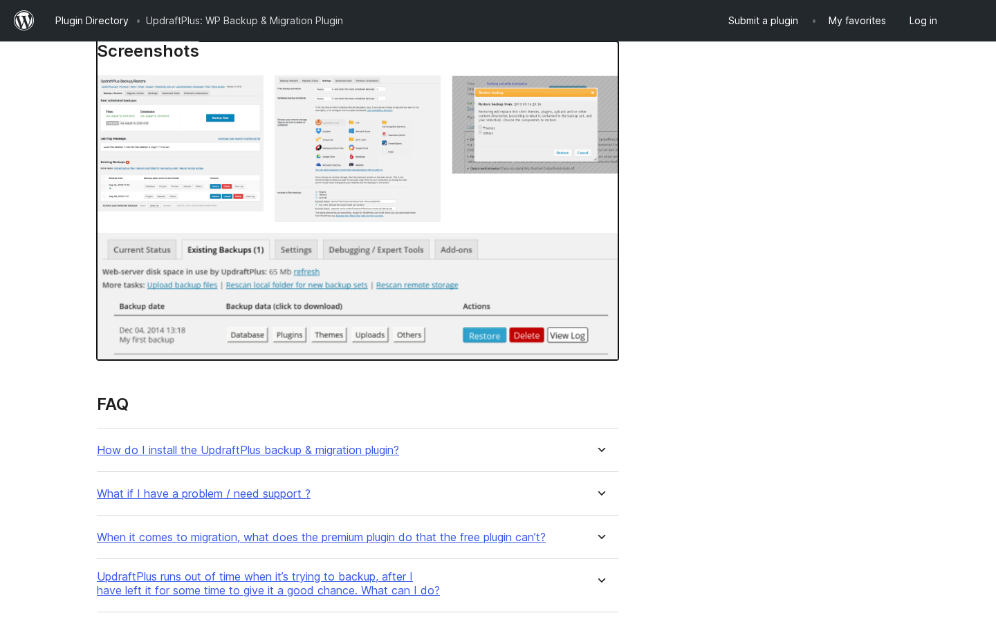 WordPress.org plugin listing screenshots panel for UpdraftPlus, showing vendor-provided admin interface screenshots from the plugin’s Settings panel, including the backup schedule selectors for files and database, the remote storage destination picker, the Existing Backups list with per-component restore buttons, and the Current Status tab.
