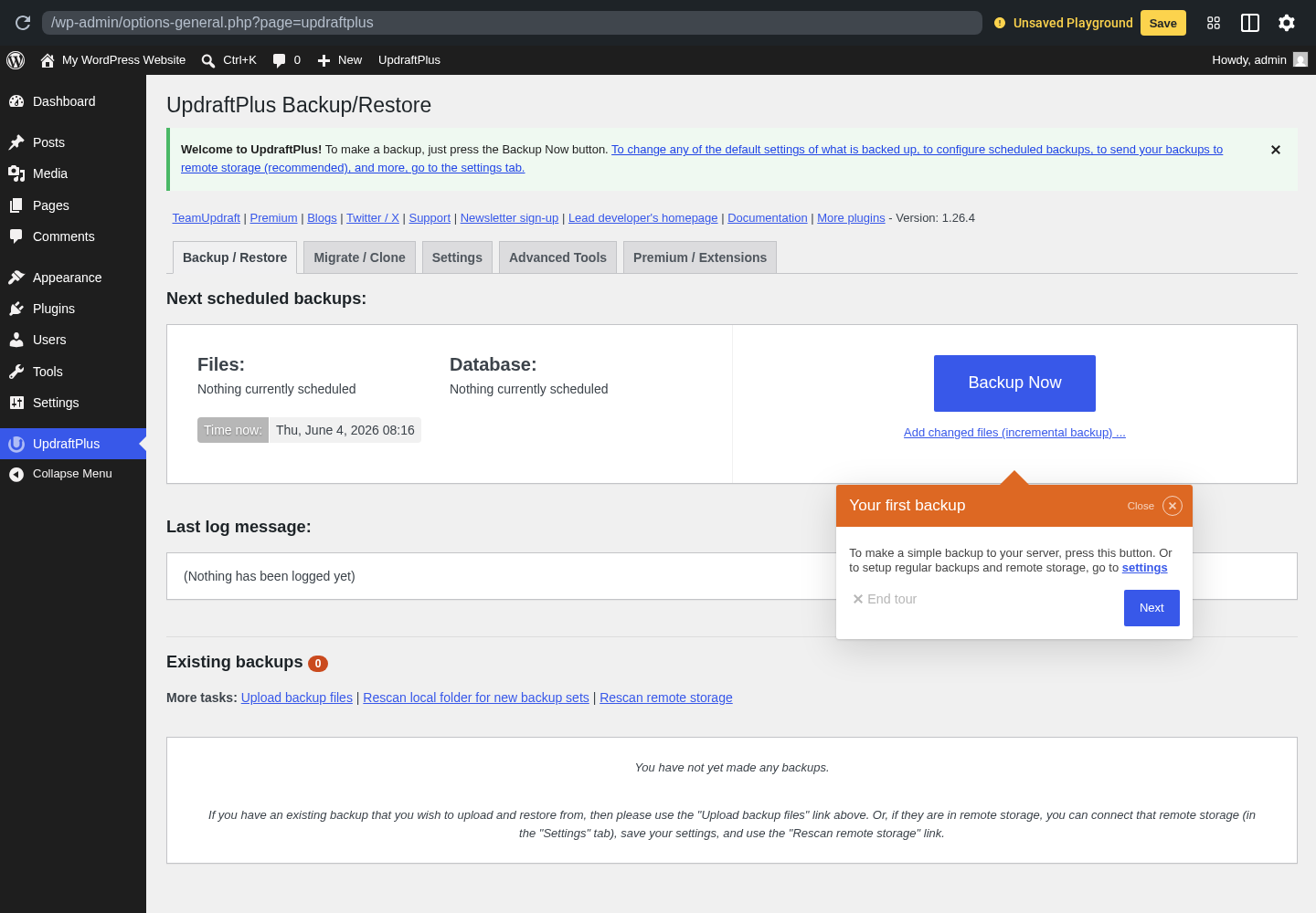 UpdraftPlus Migrate / Clone tab showing site key UI
