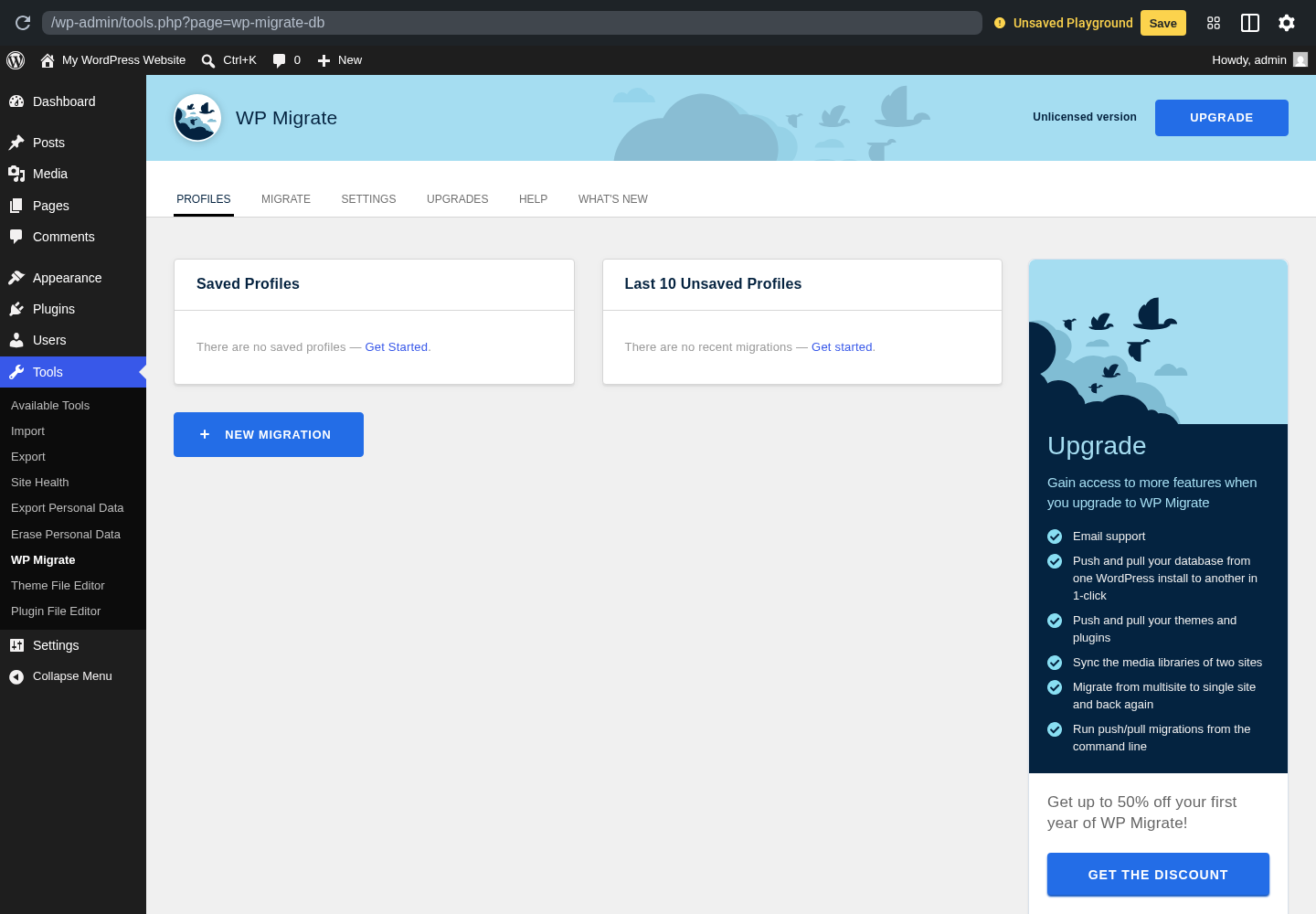 WP Migrate Lite migrate screen with push and pull options