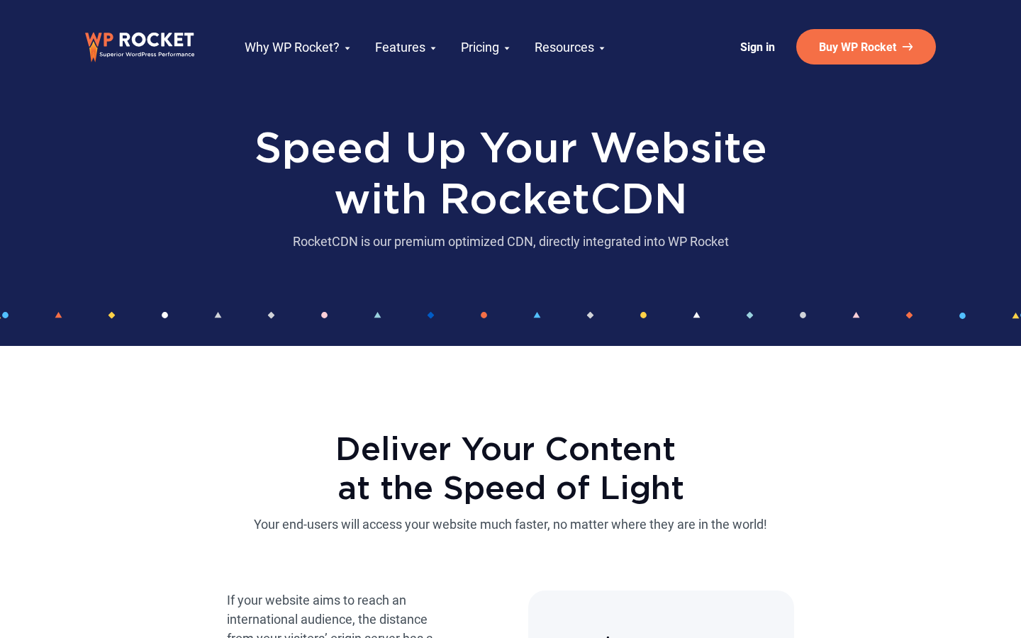 WP Rocket RocketCDN page showing the Speed Up Your Website with RocketCDN headline, the line that RocketCDN is the WP Media premium optimised CDN directly integrated into WP Rocket, the Deliver Your Content at the Speed of Light section heading, and the Your end-users will access your website much faster, no matter where they are in the world subhead.