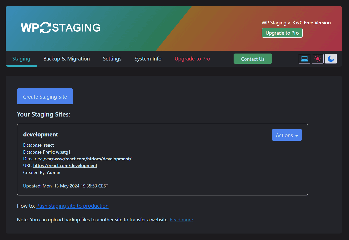 WP Staging clone creation screen in a clean WordPress sandbox