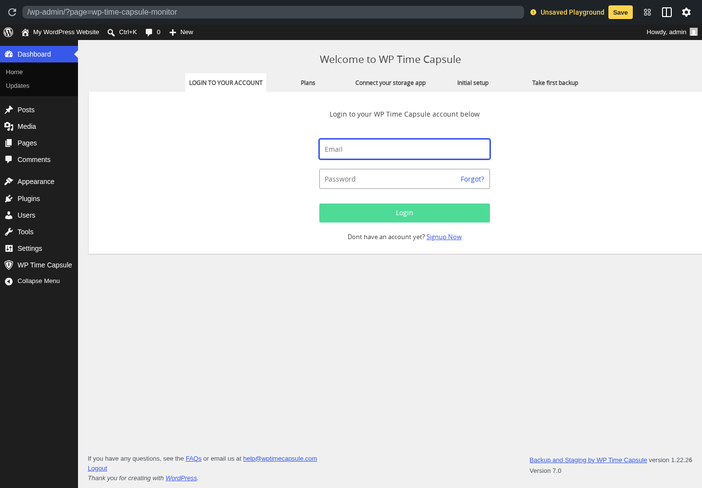 WP Time Capsule dashboard showing incremental backup status