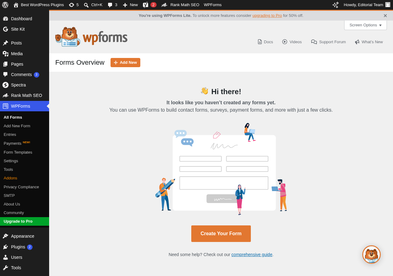 WPForms Forms Overview dashboard in WordPress admin showing the empty state, Add New button, and sidebar menu with All Forms, Entries, Payments, Form Templates, and Settings. An upgrade banner reads You are using WPForms Lite. To unlock more features consider upgrading to Pro.