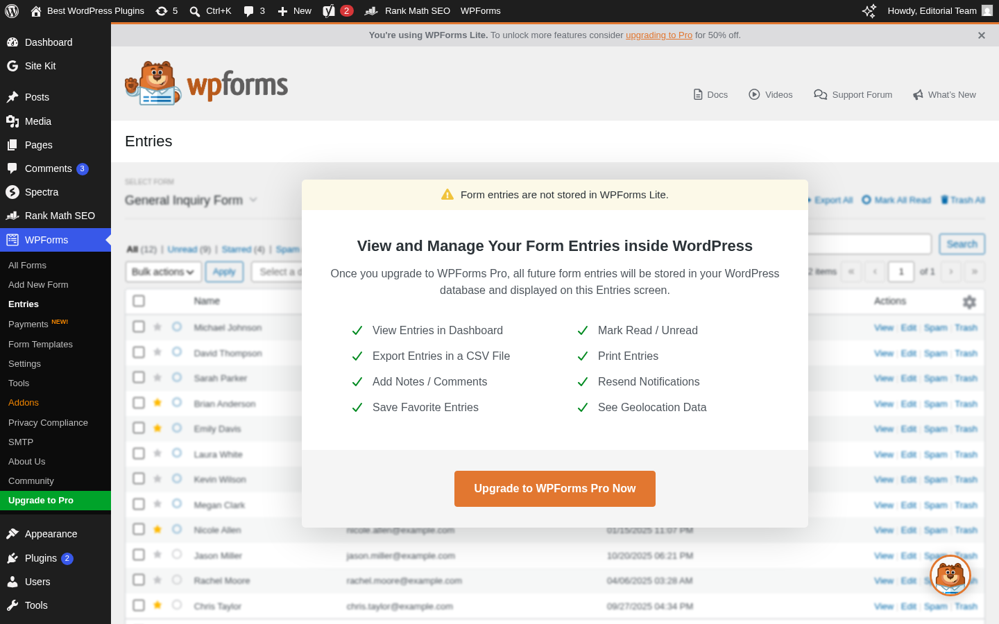 WPForms Entries admin screen showing a yellow notice at the top reading Form entries are not stored in WPForms Lite. Below it a View and Manage Your Form Entries inside WordPress panel lists eight Pro-only features with checkmarks: View Entries in Dashboard, Export Entries in a CSV File, Add Notes and Comments, Save Favorite Entries, Mark Read and Unread, Print Entries, Resend Notifications, and See Geolocation Data. An Upgrade to WPForms Pro Now button appears below.