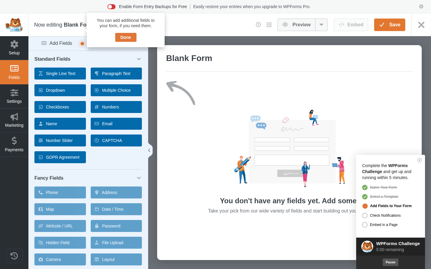 WPForms form editor with the left panel showing Standard Fields including Single Line Text, Paragraph Text, Dropdown, Multiple Choice, Checkboxes, Numbers, Name, Email, Number Slider, CAPTCHA, and GDPR Agreement, and Fancy Fields including Phone, Address, Map, Date and Time, Website URL, Password, Hidden Field, File Upload, Camera, and Layout. The canvas on the right shows an empty form placeholder.