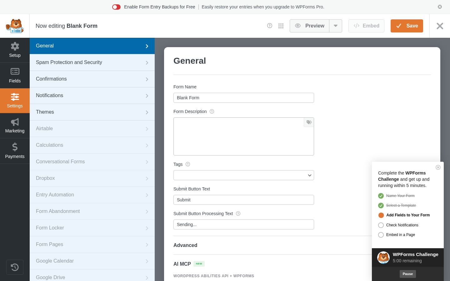 WPForms form Settings panel left sidebar showing General selected, Spam Protection and Security, Confirmations, Notifications, Themes, and locked addon sections including Airtable, Calculations, Conversational Forms, Dropbox, Entry Automation, Form Abandonment, Form Locker, Form Pages, Google Calendar, and Google Drive.