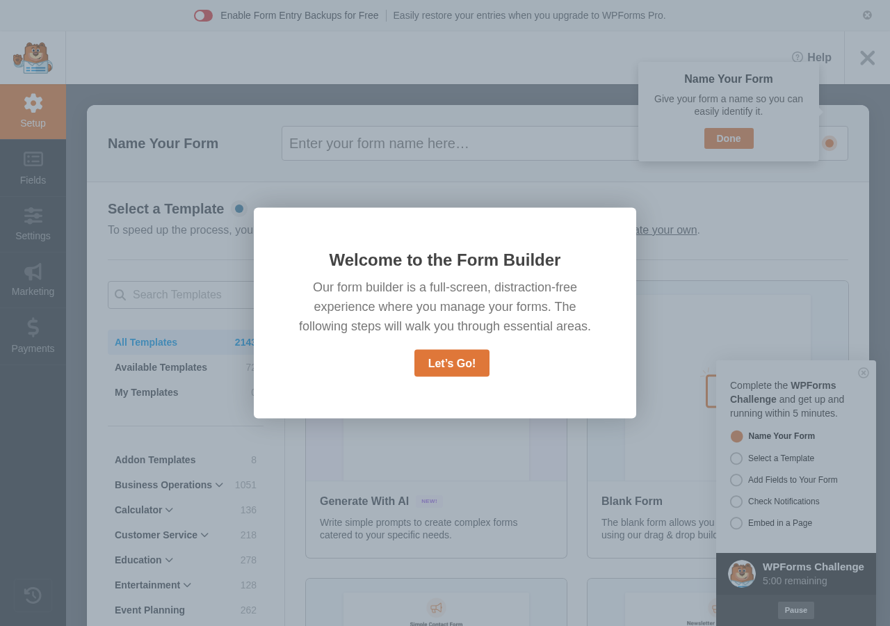WPForms template picker showing Generate With AI tagged as NEW and Blank Form at the top, a search bar, and a left sidebar with category filters. The sidebar shows All Templates: 2143 and Available Templates: 71. Simple Contact Form and Newsletter Signup Form card thumbnails are visible below.