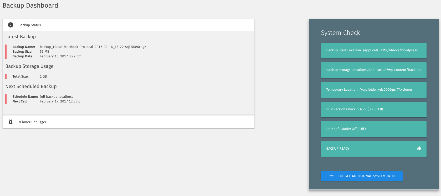 XCloner backup and restore screen