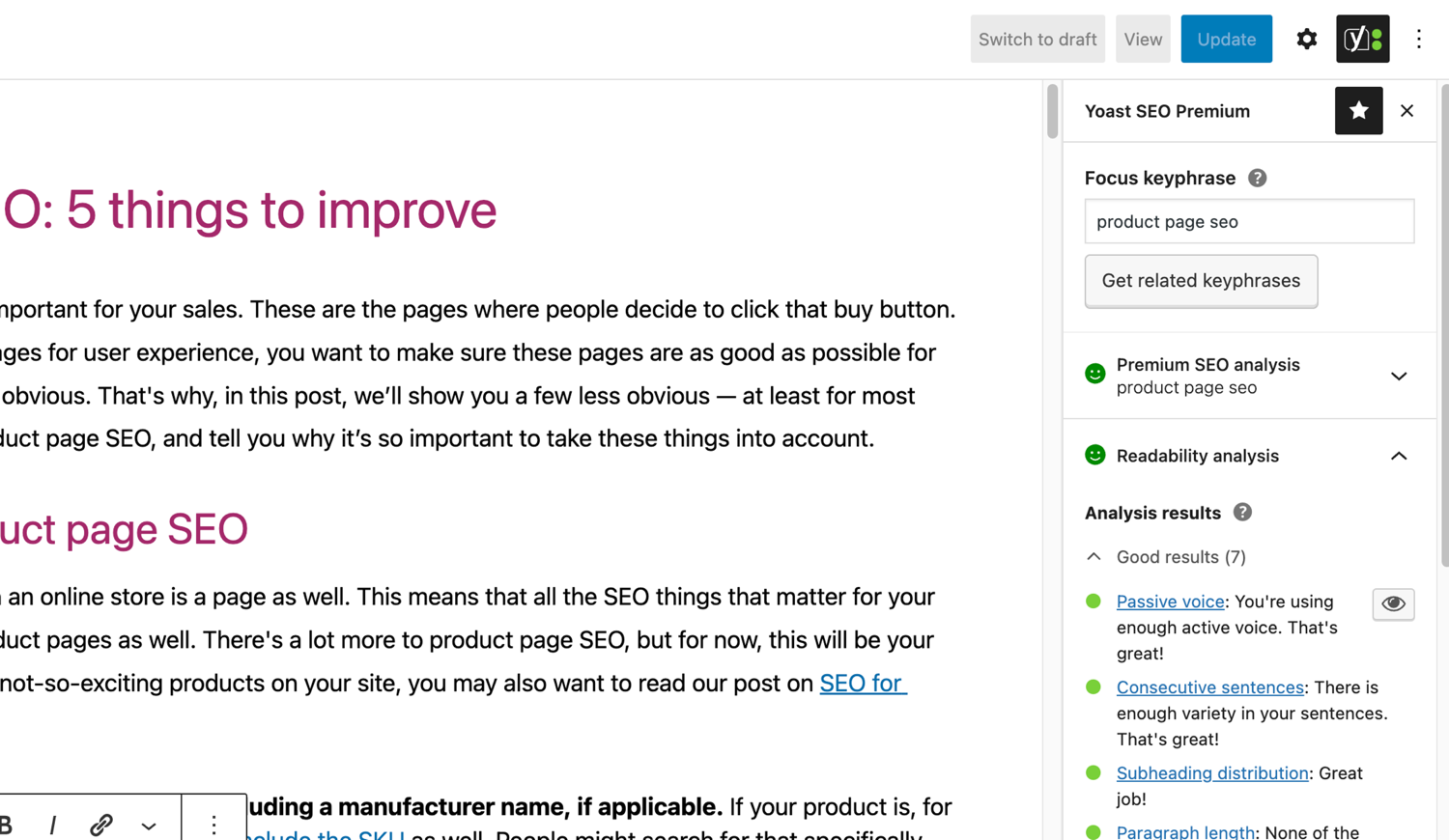 Yoast SEO analysis panel in the WordPress block editor sidebar showing the SEO analysis tab with a traffic-light checklist of on-page SEO checks including keyphrase in title, meta description, and introduction. Source: WordPress.org plugin listing.