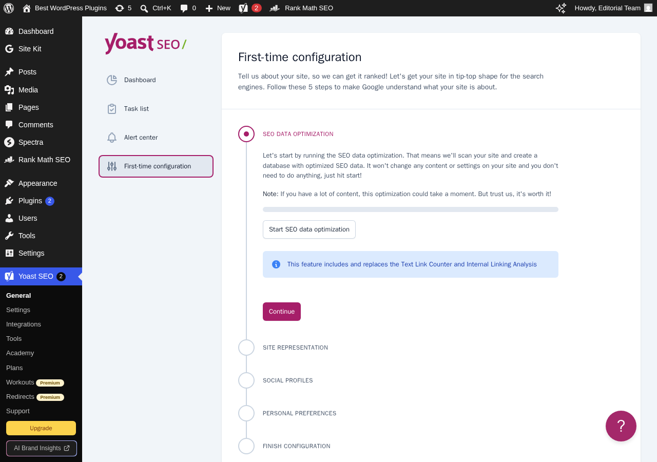 Yoast SEO first-time configuration screen showing a multi-step setup flow for site representation, starting with a question asking whether the site represents a person or organization.
