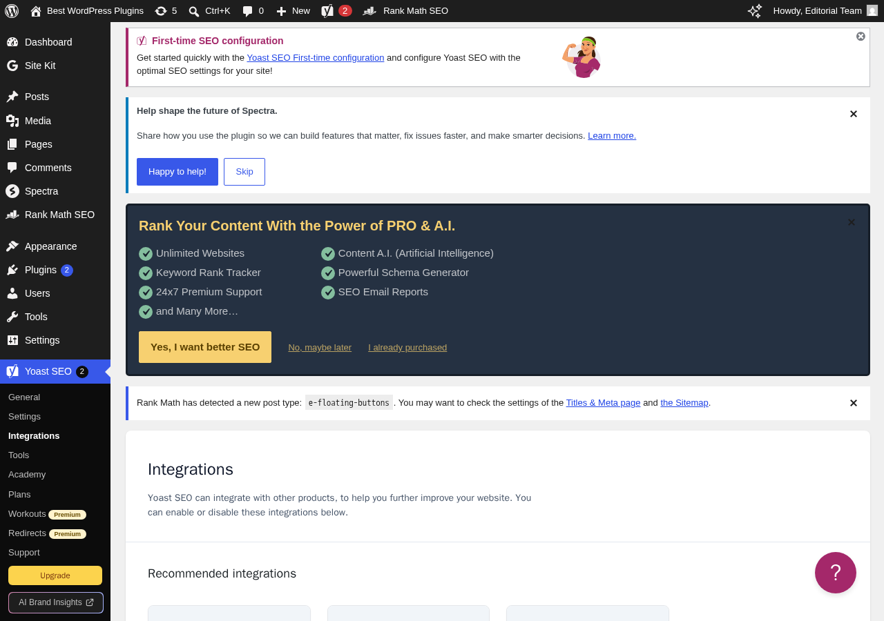 Yoast SEO Integrations page showing sections for Recommended integrations, Schema API integrations, Plugin integrations, and Other integrations including Semrush, Wincher, Elementor, and Site Kit.