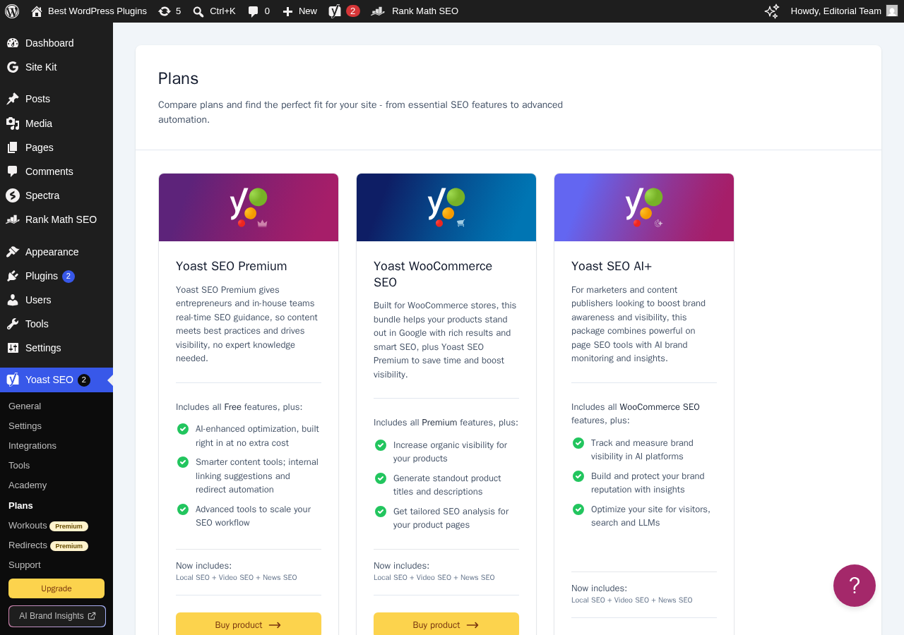 Yoast SEO Plans page in the WordPress admin showing Yoast SEO Premium, Yoast WooCommerce SEO, Yoast SEO AI+, Yoast Duplicate Post, and Yoast SEO Google Docs Add-on as available plans.