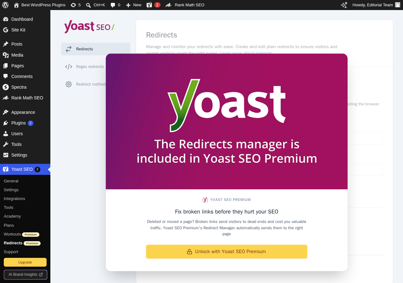Yoast SEO Redirects screen on the free plan showing a Premium upgrade prompt instead of the redirect manager, confirming the redirect manager is gated behind the paid subscription.