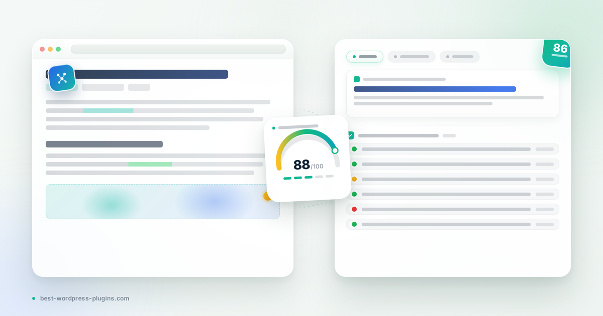 Yoast SEO review featured banner showing WordPress SEO plugin with content analysis, readability scoring, and schema structured data visualization.